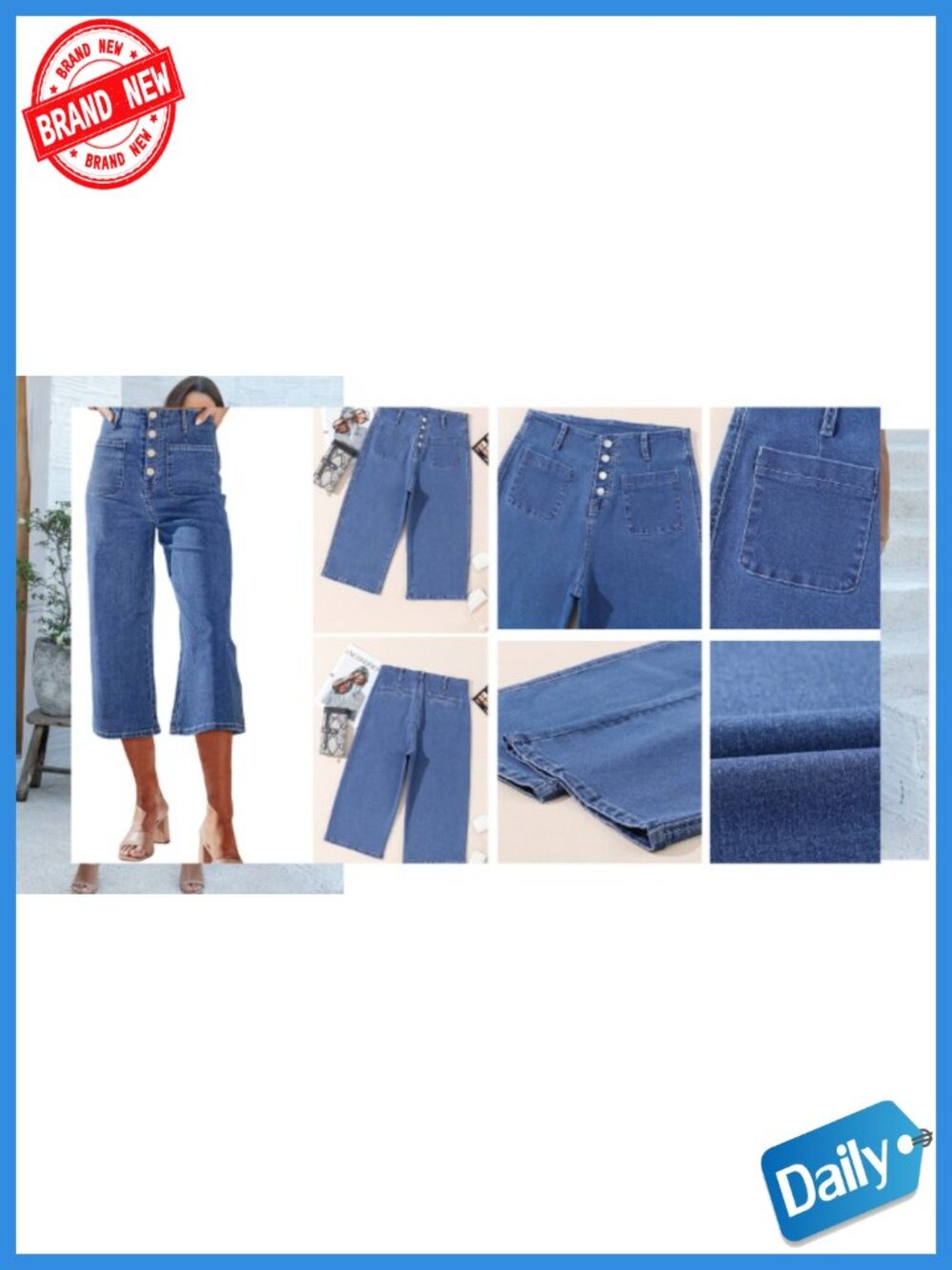 Wide Leg Capri Jeans High Waisted Stretchy Loose Cropped Summer Casual Work - Picture 5 of 5